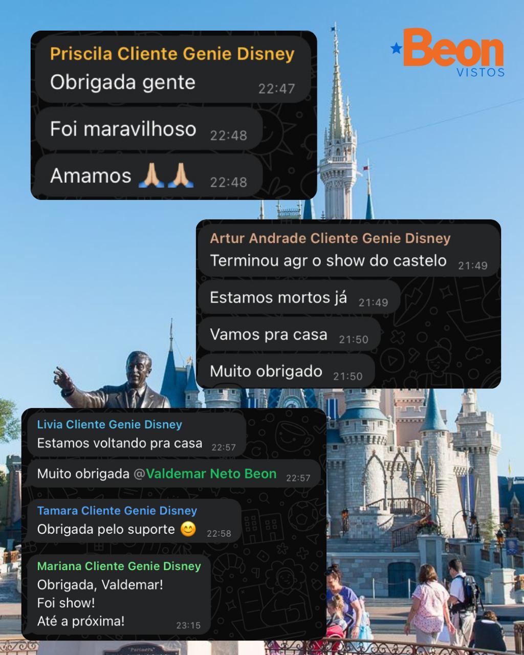 Depoimento de cliente satisfeito com o guiamento Disney da Beon Vistos